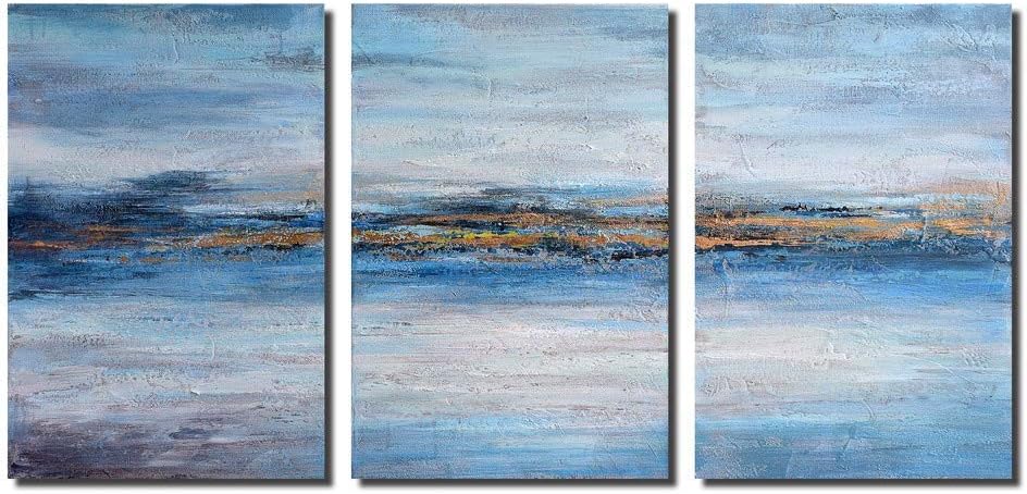 HLJ ART Golden Line Handmade Oil Painting Abstract Blue and Gold Large Canvas Contemporary Wall Art Decor (Blue A, Inner framed)