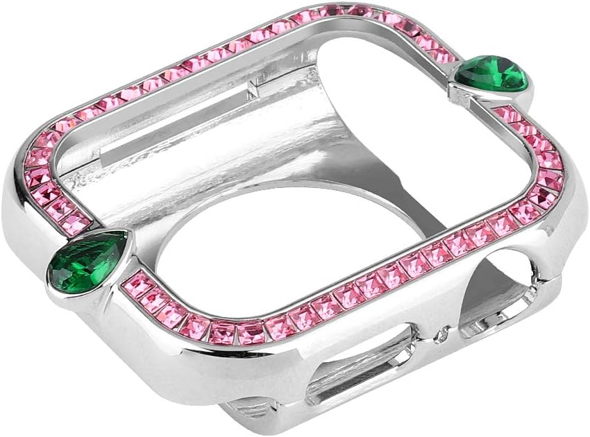 LaViePool Bling Apple Watch Case 40mm Shiny Red Green Rhinestone Crystal Zircon Stainless Steel Protective Cover Case for IWatch Series 6/SE/5/4 for Women Man (40mm, Siver Pink+Green)