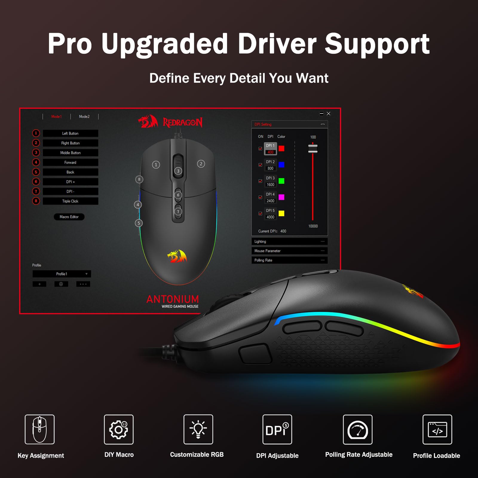 Redragon M719 Antonium RGB Gaming Mouse, 10,000 DPI Optical Wired Gamer Mice with 8 Programmable Buttons & 8 Backlit Modes, Software Supports DIY Keybinds Rapid Fire Button