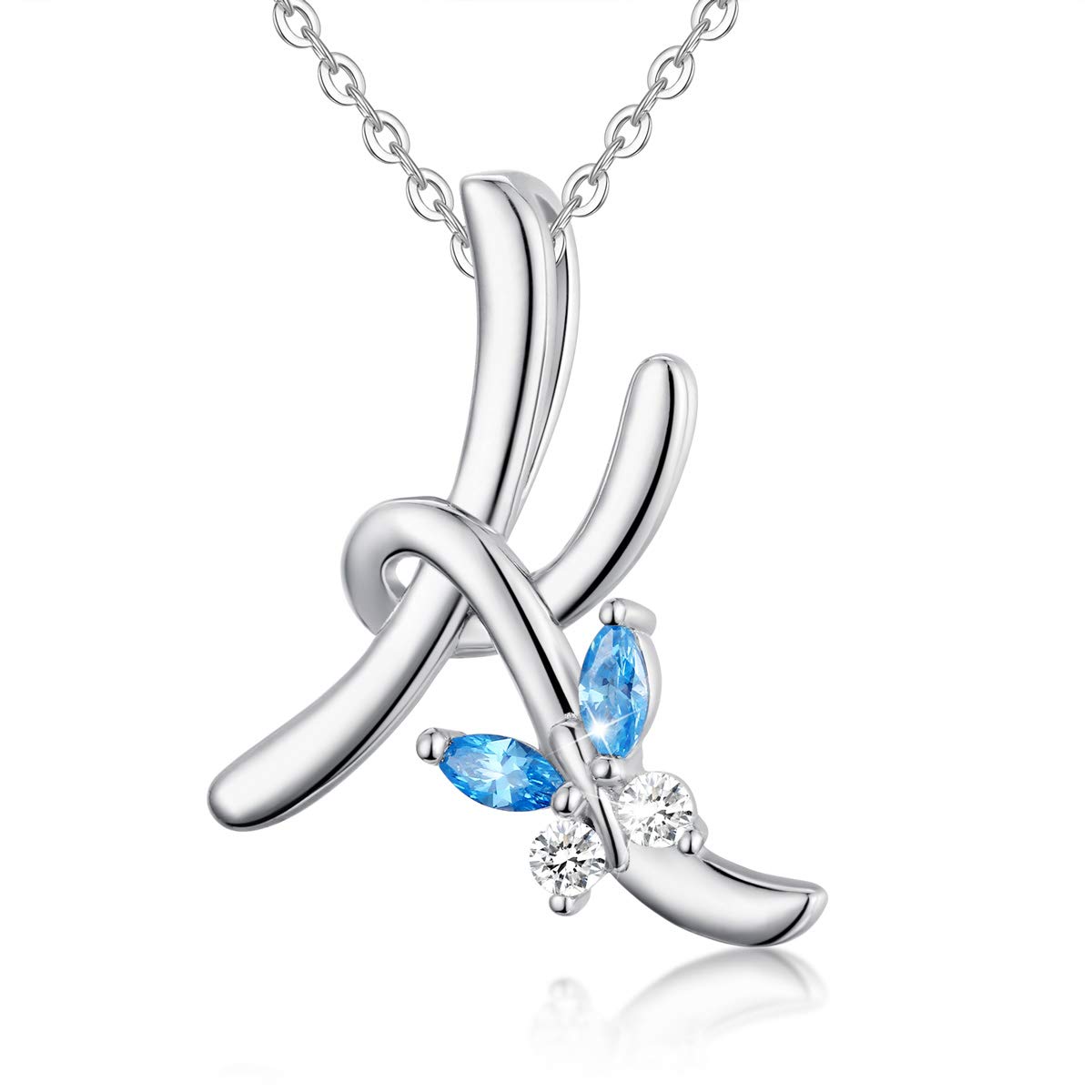 EUDORA Initial Butterfly Necklace 925 Sterling Silver K Alphabet Letter Personalised Pendant Necklaces with Blue Cubic-Zirconia Gifts for Women Ladies Mother's day, 18 inches Chain — image 1