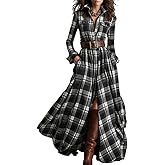 BAIREG Womens Plaid Long Sleeve Button Down Shirt Maxi Dress Dressy Casual A-Line Flowy Swing Belted Boho Western Retro Dress