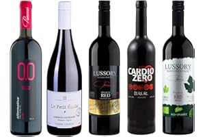 VARIOUS WINERIES Non-Alcoholic Red Sampler - Five (5) Bottles 750ml Each - Featuring Elivo Cardio Red, Lussory Organic Merlot, Etoile Cab, Lussory Tempranillo, and Princess Rosso Dry (Spain, Italy, France)