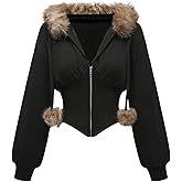 Verdusa Womens Fur Hoodie Zip Up Sweatshirt Hooded Lightweight Faux Fur Jacket Cropped Hoodies Cinched Waist