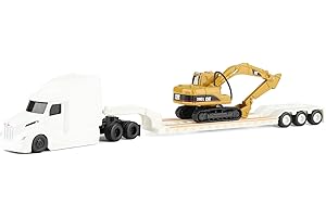 Diecast Masters 1:87 White Peterbilt 579 Tractor with Lowboy Trailer and Cat 315C Excavator, 84423