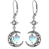 Flpruy Moon Star Birthstone Dangle Drop Earrings for Women 925 Sterling Silver Black Crescent Moon Celestial Heart Earrings Hypoallergenic Gothic Jewelry Birthday Gifts
