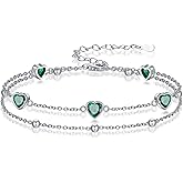 Wildari Birthstone Anklet/Bracelets for Women 925 Sterling Silver Charm Link Double Strand Heart Birthstone Jewelry Gift for Wife Women Mother's Day Gift