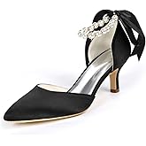 HKMFLYY Women's Closed Toe Champagne Pearl Heels with Bow Wedding Shoes for Bride Low Heels Bridal Shoes Satin Heels Pumps