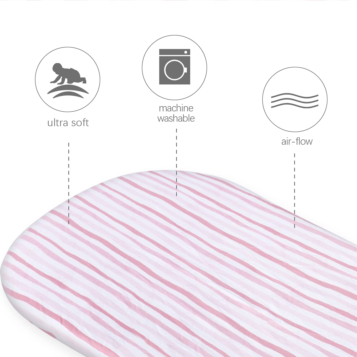 Bassinet Sheets Compatible with AirClub, GoFirst and MiClassic Bassinet Bedside Sleeper, 2 Pack, 100% Jersey Knit Cotton Fitted Sheets, Pink Stripes and Hearts Print for Baby Girls