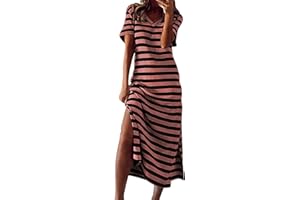 Willisos Maxi Dresses for Women 2024 Women's Summer Maxi Dress Loose Casual Long Dress Striped Short Sleeve Split Sundresses