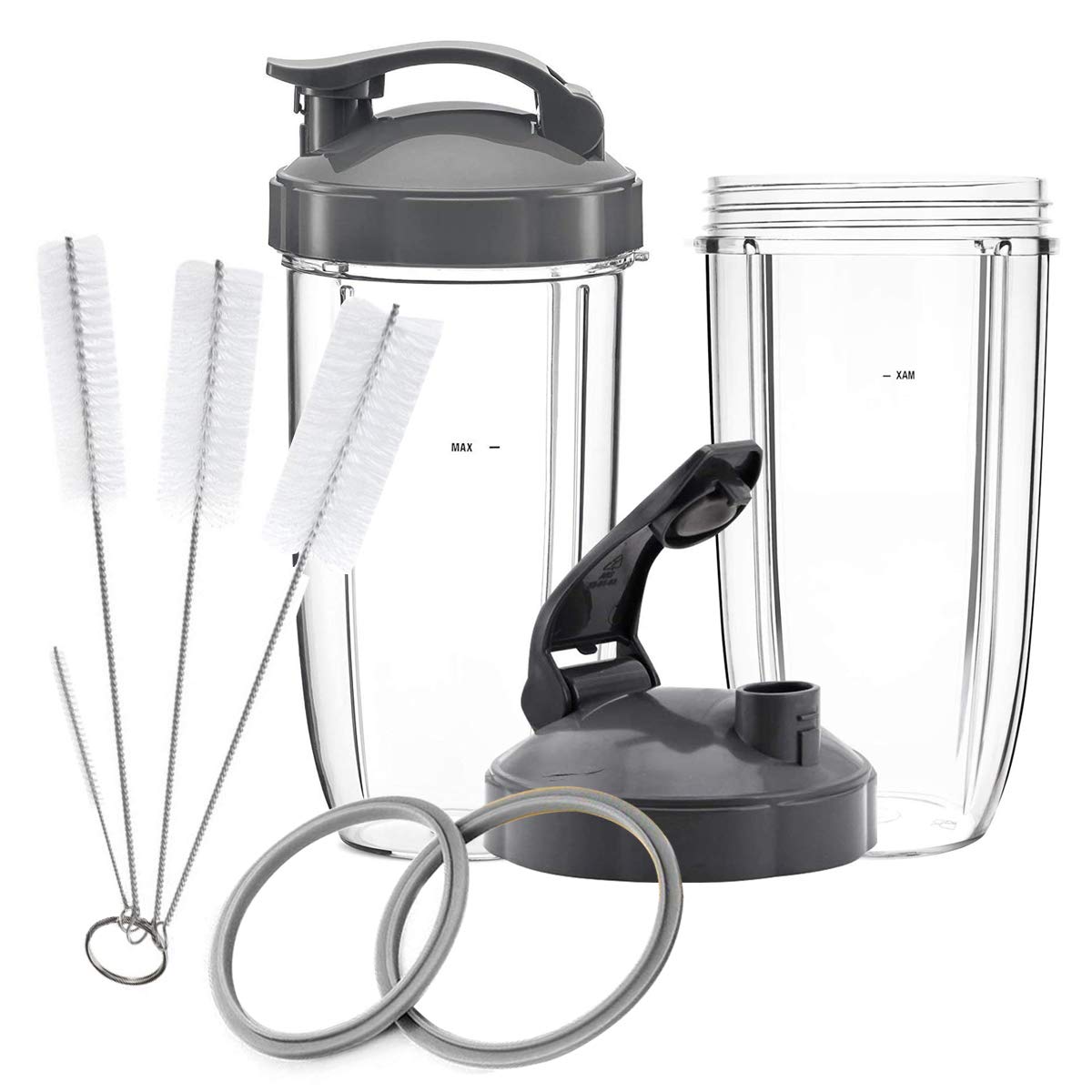 Replacement Cups for NutriBullet, 2 X 32oz Tall Cups, 2 Flip Top to Go Lids, 2 Gaskets & Cleaner Brushes for 600W and 900W Replacement Parts for NutriBullet