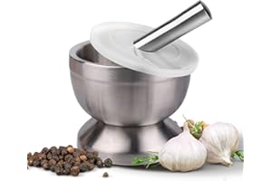 Flexzion Brushed Stainless Steel Mortar and Pestle Set Small - 4-3/4 Inch 1 Cup Capacity Muddler & Bowl with Non-Skid Base & 