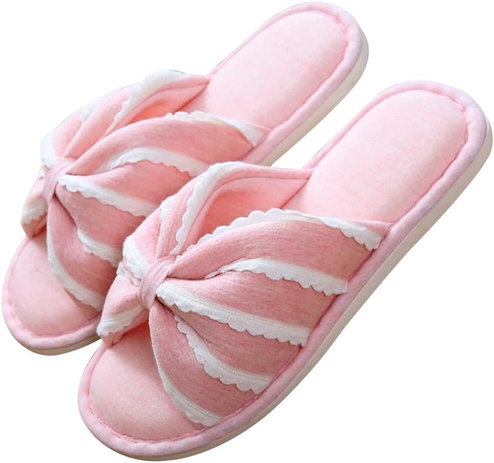 Women Indoor Cotton Slippers Open Toe Memory Foam Non-Slip Home Shoes Cute Breathable Striped House Slippers