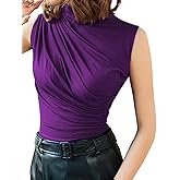Avanova Women Fitted Sleeveless Ruched Tank Top Shirt Mock Turtleneck Blouses