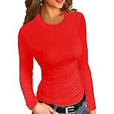 Afibi Women Ribbed Long Sleeve Crew Neck Slim Fit Stretchy Basic T Shirts Tops