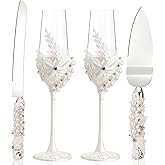 Boao Pearl Wedding Champagne Flutes and Cake Knife Server Set of 4, Champagne Flutes Toasting Glasses with Pearls for Bride and Groom Engagement Anniversary Bridal Shower Gifts (Mr and Mrs,Rose Gold)