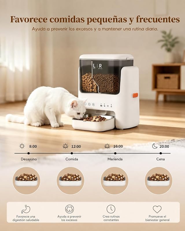 Alimentador Automático para Gatos, Comedero Inteligente para Mascotas con App, Capacidad 2L+3L, Dispensador de Pienso Seco, Temporizador, Registro y Cuenco Inoxidable