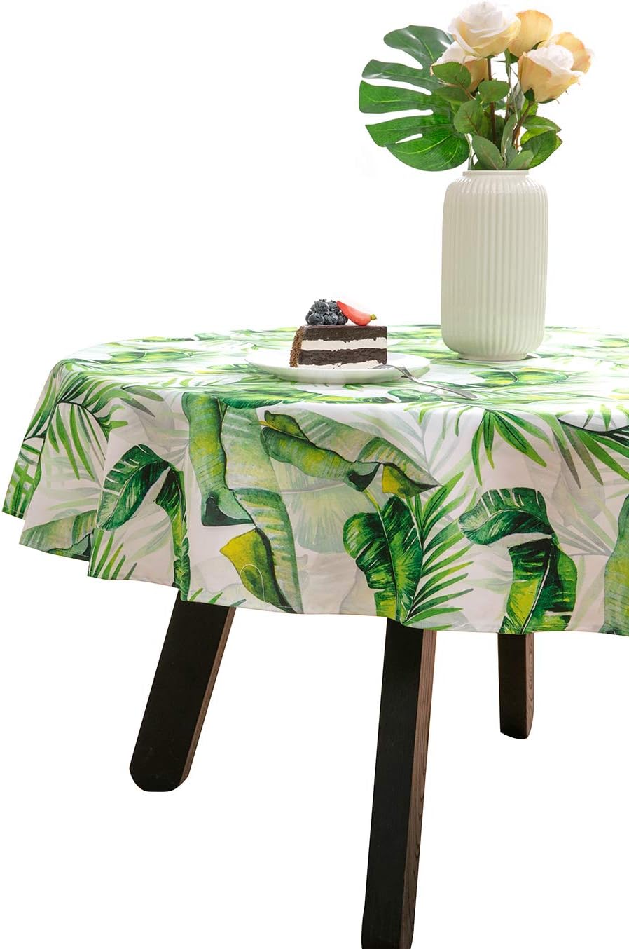 Nobildonna Tropical Leaves Round Tablecloth Elegance Dining Table Cover Easy Care Polyester Luxurious Print Holiday Dinner Party Tablecloths—55”R