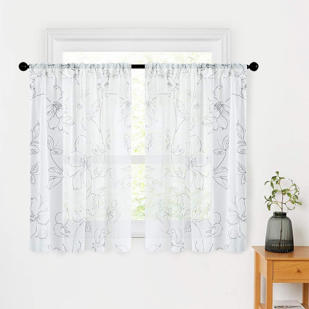 Amazon Com Linen Textured Tier Curtains White Floral Print Sheer