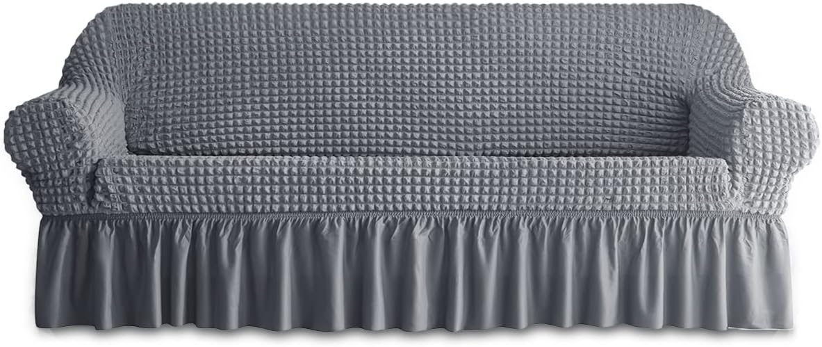 Slipcovers - BLUESURGE Sofa Slipcover 1 Piece for 3 Cushion Couch Cover with Skirt, Durable Washable High Elastic Stretchable, Easy Fit Universal Furniture Protector (3 Seater, Gray)