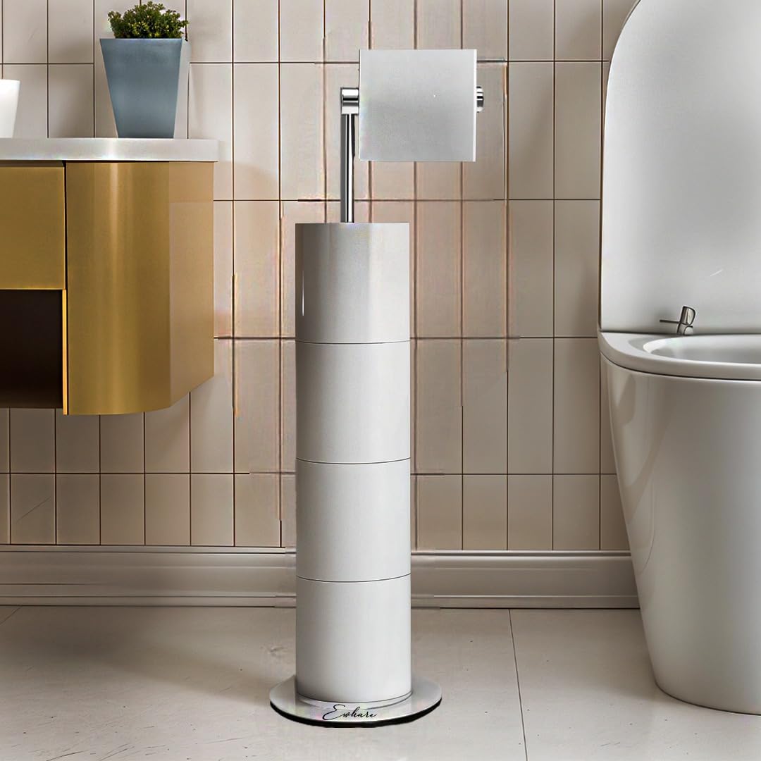 Ewhare Silver Free-Standing Toilet Roll Holder with Heavy Duty Weighted Base, Stainless Steel Bathroom Toilet Paper Stand with Reserve Storage, Rustproof and Space-Saving Design