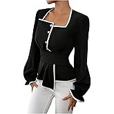 MakeMeChic Women's Contrast Trim Blouse Elegant Square Neck Long Sleeve Shirt Top