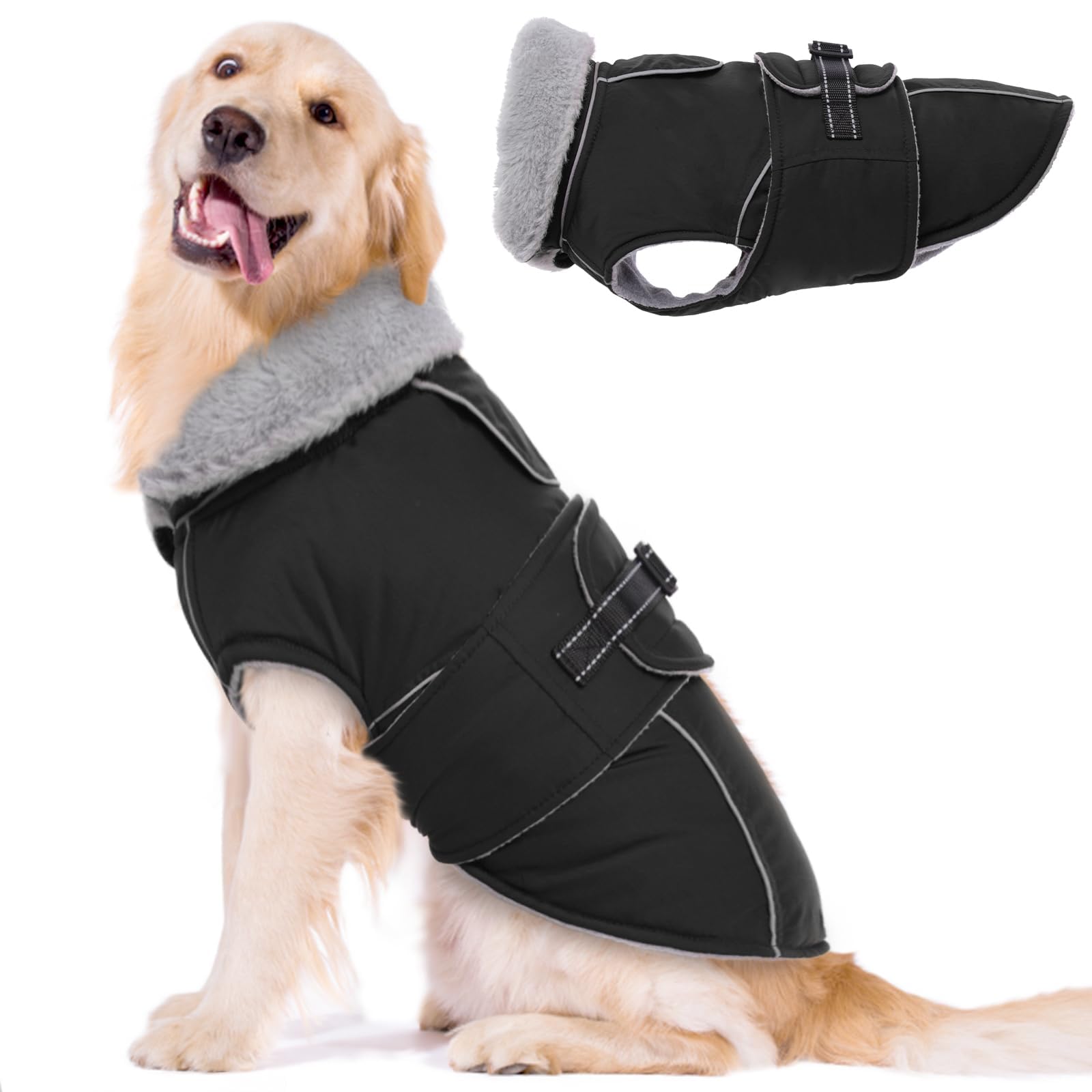 Lelepet Warm Coats and Jackets for Dogs, Waterproof Winter Dog Coat for Cold Weather, Reflective Dog Puffer Jacket, Fleece Lining Pet Coat with Harness Hole for Large Dogs, Black XL — image 1