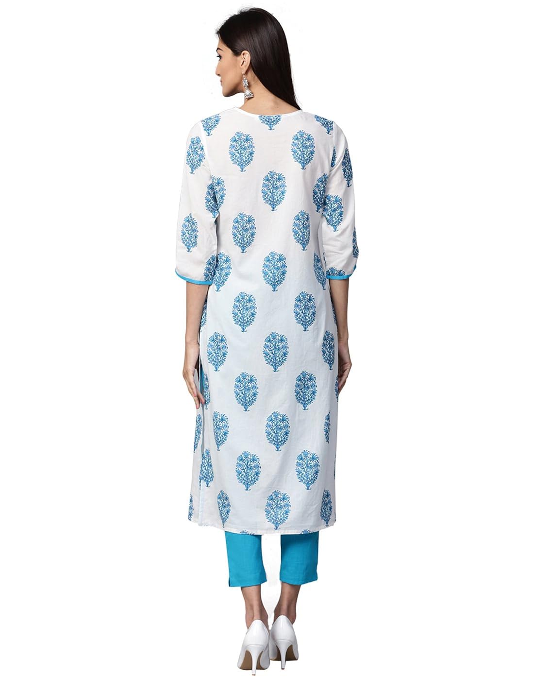 jaipur kurti women white & blue printed cotton kurta with trousers