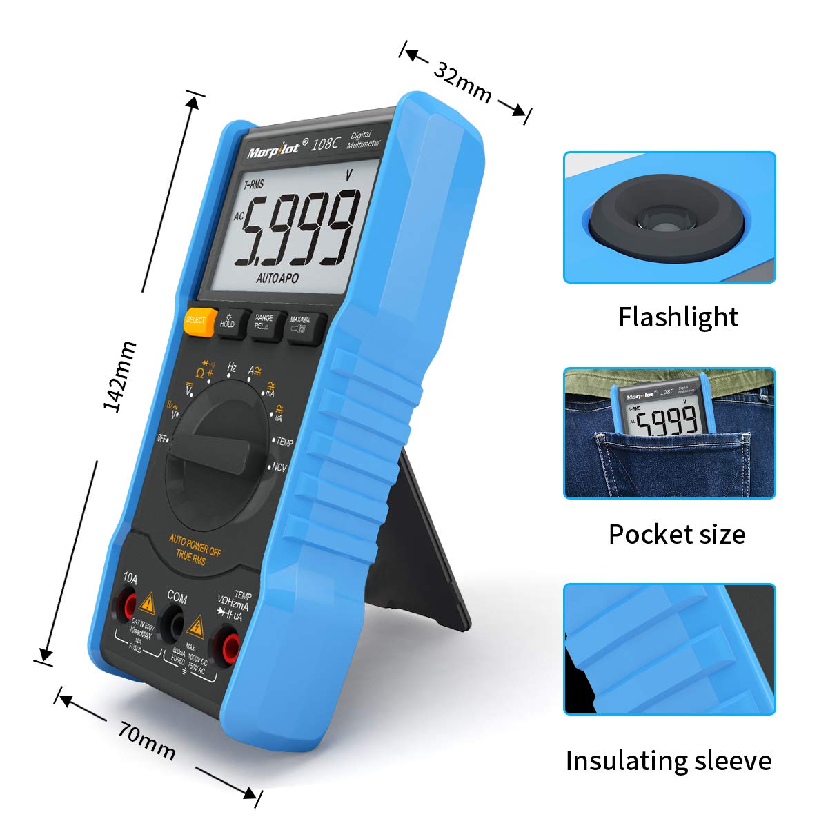 Keenstone Digital Multimeter,TRMS 6000 Counts Manual and Auto Ranging;Pocket Size Flashlight Measures Voltage Tester,Current,Resistance,Continuity,Frequency;Tests Diodes,Transistors,Temperature