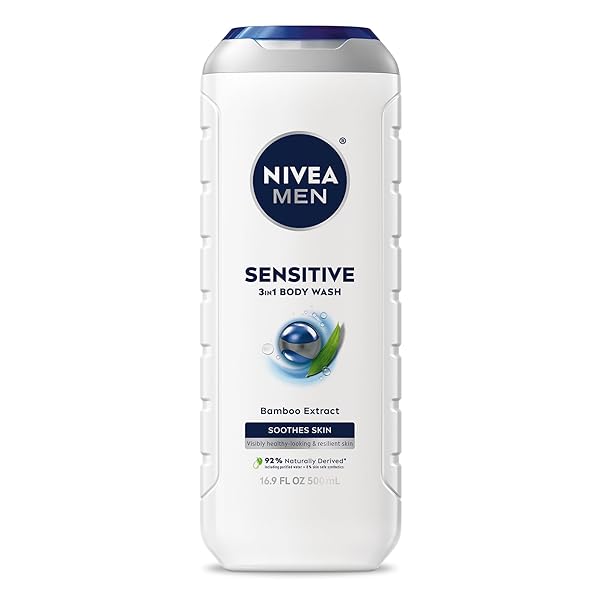 NIVEA MEN SENSITIVE BODY WASH WITH BAMBOO EXTRACT, MOISTURIZING BODY WASH FOR SENSITIVE SKIN, SOAP FREE SHOWER GEL FOR MEN WITH NO DRYING ALCOHOL, 16.9 FL OZ BOTTLE
