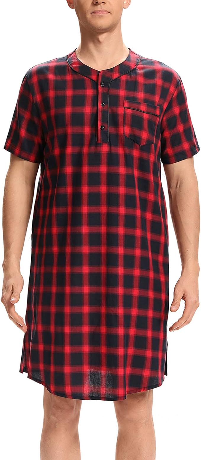 Kyonuza Men's Nightshirt Cotton Sleep Shirt Plaid Nightwear Short
