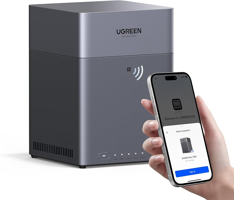 NASync DH4300 Plus Desktop NAS 4 Bays, porta LAN de 2,5 GB, 8 GB de RAM, ligação NFC One-Touch, Family Album/Baby AI, nube pessoal em casa/escritório (sem discos)