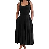 FairBeauty Women's Square Neck Casual Sleeveless Long Dress Stretchy Summer Sundress with Pockets
