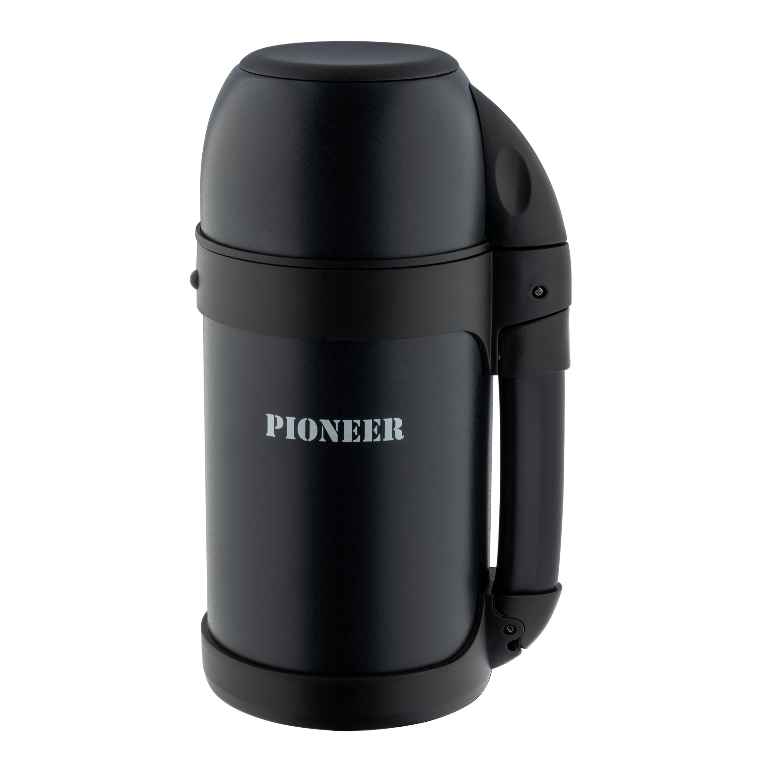 Pioneer Outdoor Vacuum Insulated Flask, Leakproof Double Walled Stainless Steel 8 Hours Hot or Cold with Extendable Handle, Strap and Mug - Black, 1 Litre