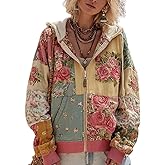 dsumvns Women's Bohemian Floral Art Print Jacket Vintage Casual Flower Patchwork Hoodie Shirt Fall Zip Up Hooded Jackets