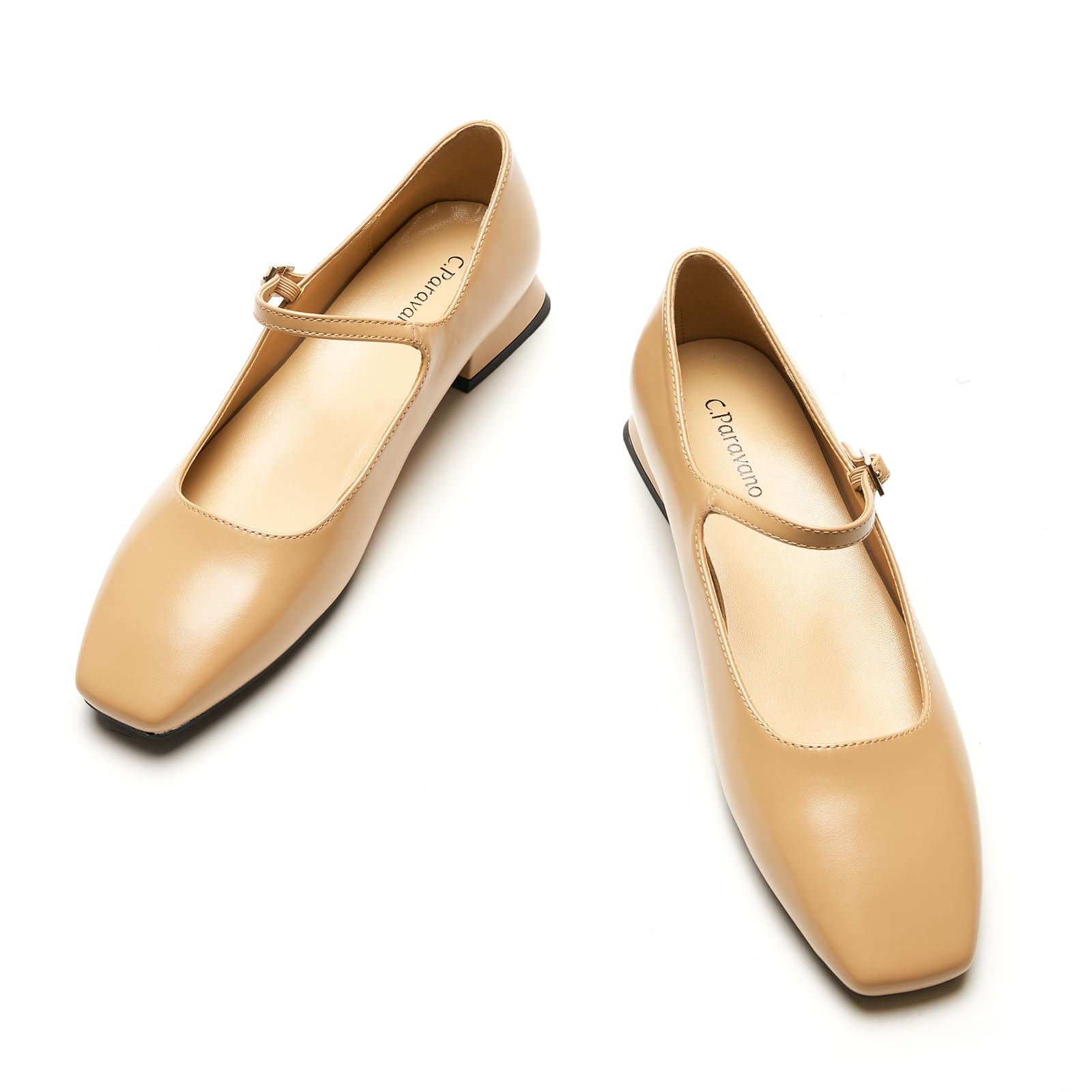 Photo 1 of C.Paravano Women's Square Toe Mary Jane Flats | Adjustable Ankle Strap Dress Flats | All-Day Comfort for Work, Travel, Errands | Dressy Casual Shoes(Dark Beige,9)