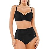 Popilush Two Piece Shapewear Swimsuits for Women Tummy Control High Waisted Bikini Sets Push Up Ruched Bathing Suit