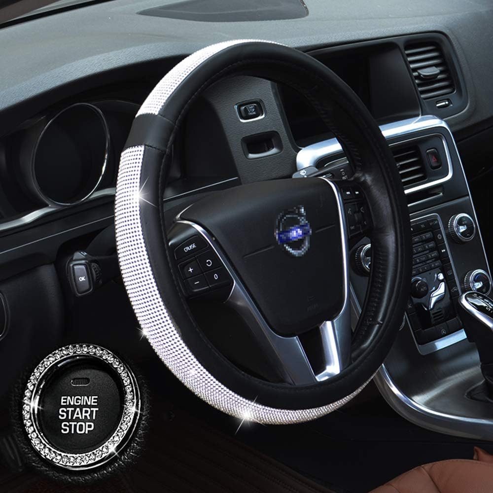 YUFANYA Crystal Steering Wheel Cover Bling Bling Rhinestone PU Leather Wheel Protector Breathable Anti-Slip Universal 38cm /15 Inch Auto Steering Wheel Cover for Women Girls