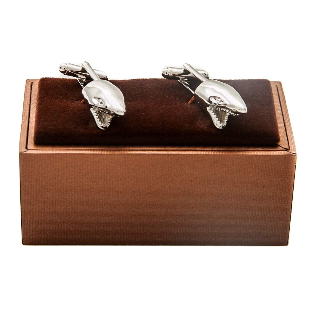 MRCUFF Shark Head 3D Solid Great White Pair Presentation Gift Box Cufflinks & Polishing Cloth