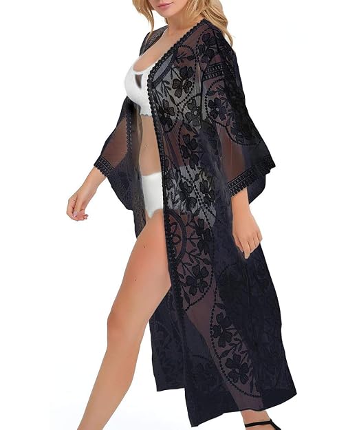 Esprela Women Swimsuit Cover Up Bathing Suit Kimono Long Beach Dress Floral Lace Bikini Swim Coverup