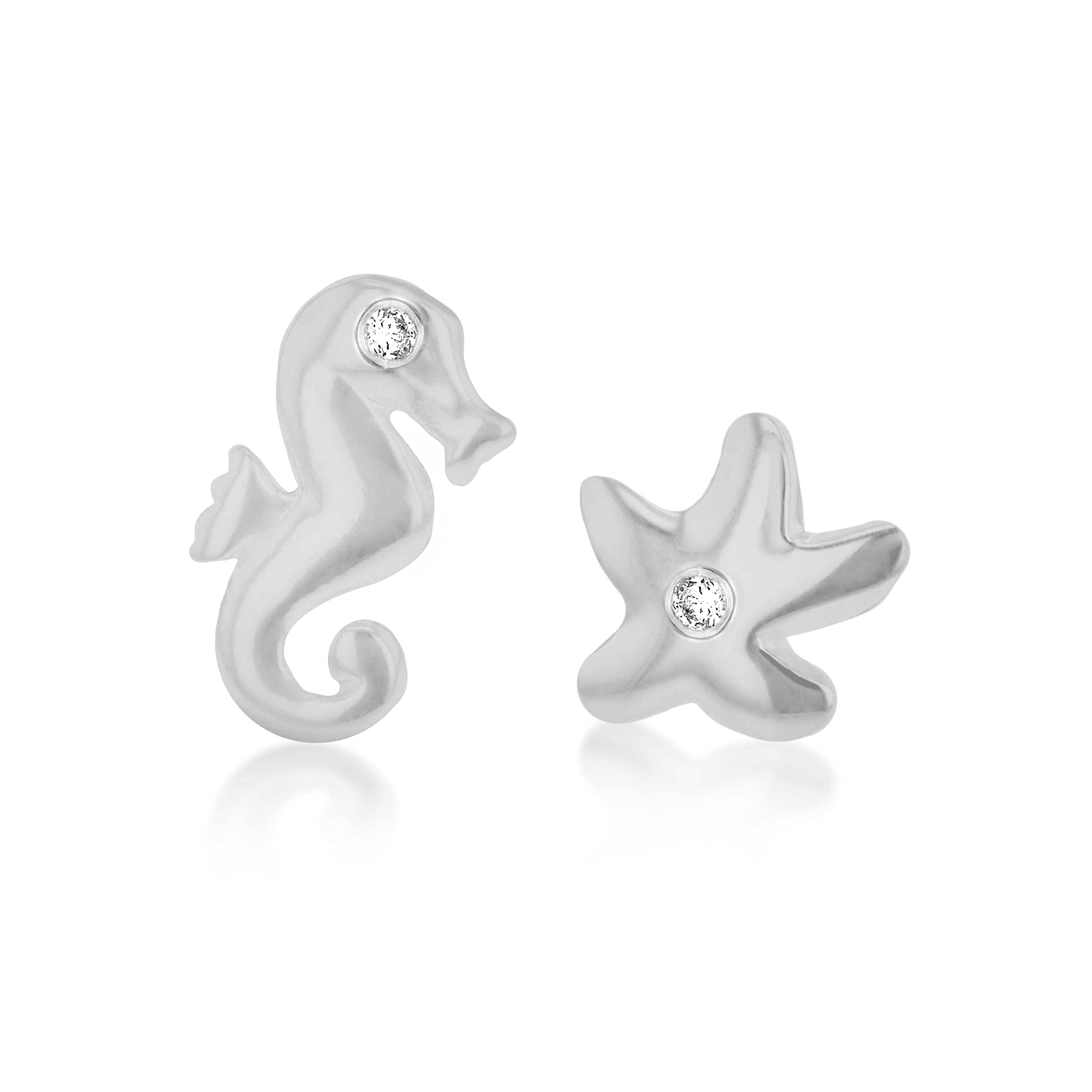 Tuscany Silver Women's Sterling Silver CZ Starfish and Seahorse Asymmetric Stud Earrings