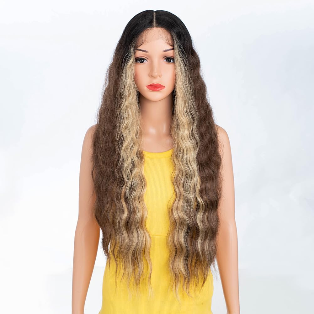 DÉBUT Lace Front Wigs 30 inches Water Wave Super Long Wigs 5% Brazilian Human Hair and 95% Heat Resistant Synthetic Wig 240g 6 inches Lace Parting (LACE 30", Brown Mix Blonde) — image 1
