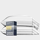 Thread Spread 100% Egyptian Cotton Pillow Cases Standard/Queen Size Set of 2 - Luxury 1500 Thread Count Sateen White Stripe Pillow Cases, Soft Cotton Pillowcases Fits Standard & Queen Pillows