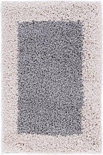 Porta Border Modern Geometric Shag 2x3 (2' x 3') Area Rug GreyBeige Plush Easy Care Thick Soft Plush Living Room