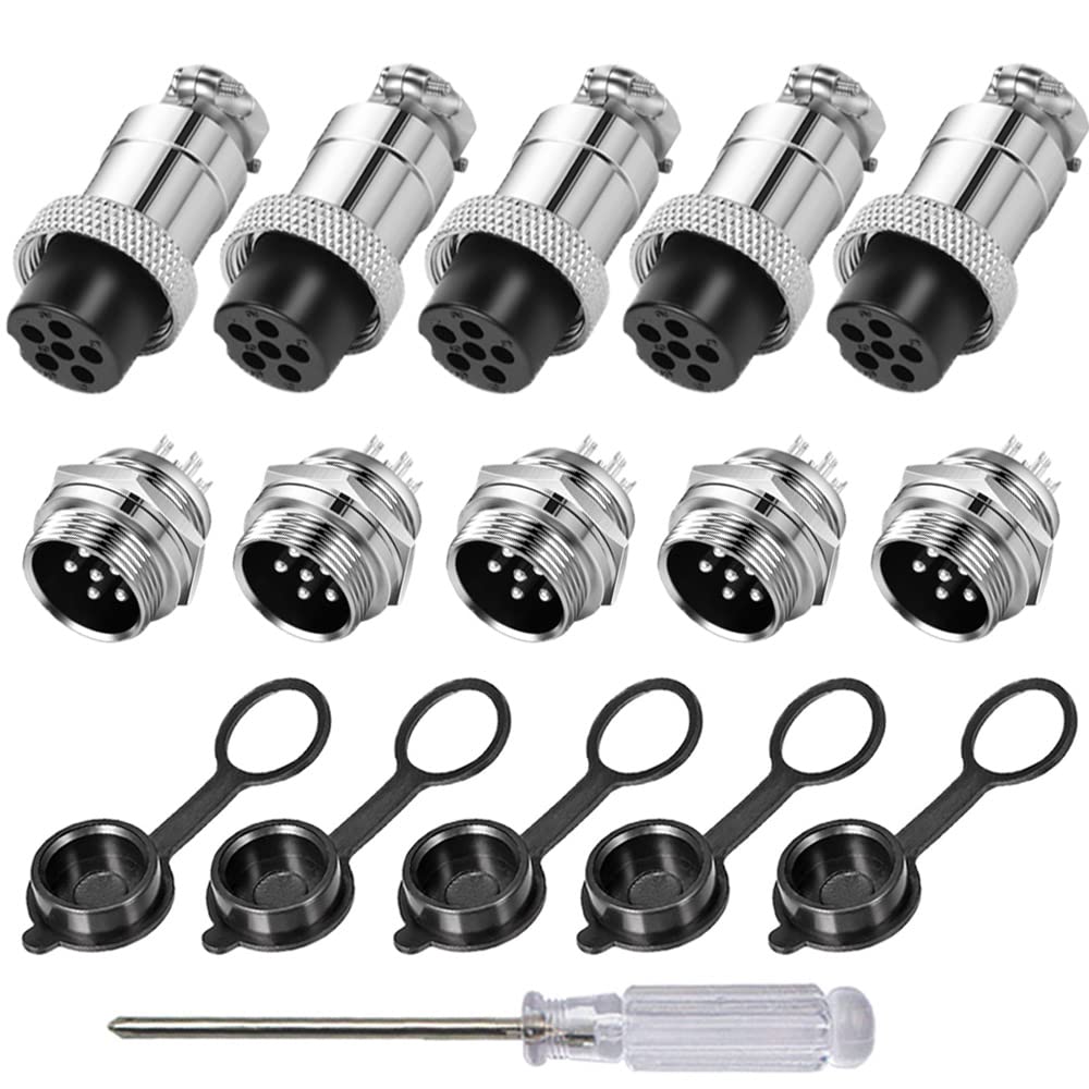 Aiqeer 5 Pcs 6-Pin GX16 Aviation Connector, 16 mm Thread Panel Metal Aviation Cable Connector, 5A Male Female Aviation Connector Plug Socket Kit, with Rubber Cap and Phillips Screwdriver
