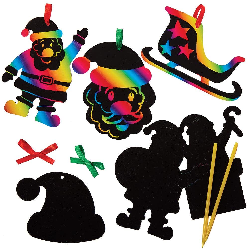 Baker Ross FX279 Santa Scratch Art Decorations - Pack of 12, Christmas Craft Kits for Kids, Christmas Party Decorations and Party Bag Fillers