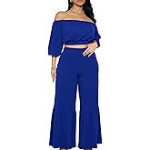 Two Piece Sets for Women Dressy Off Shoulder Crop Tops and Wide Leg Ruffle Pant Set Sexy Outfits