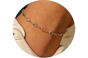 JECOMY Anklet for Women 14K Gold Plated Ankle Bracelets Silver Anklet Waterproof Pearl Cubic Zirconia Rhinestone Heart Beads Herringbone Cuba Link Chain Anklets Dainty Jewelry