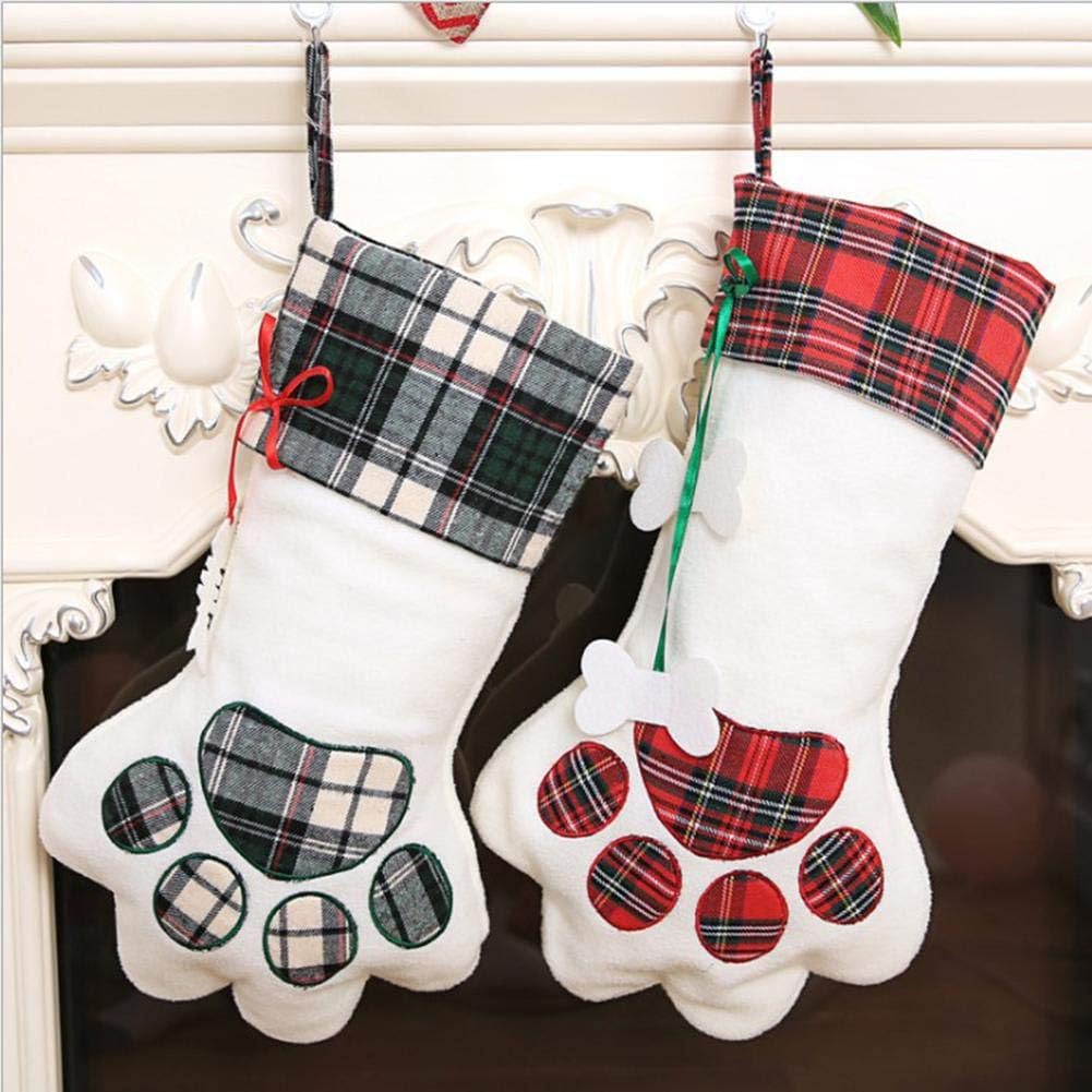 WeyTy Christmas Dog Paw Stockings Plaid Dog Cat Pet 3D Large Stocking for Christmas Decorations Holiday Party Xmas Unique Red White Burlap Plush Rustic Personalized Hanging Stockings 1 Pack (Blue)