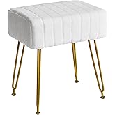 IBUYKE Velvet Rectangular Footrest Stool Ottoman, Makeup Vanity Stool Side Table, Velvet Dressing Table Seat, Pouf Couch Stool, Golden Steel Legs, White LG-51W