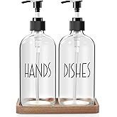 ALELION Glass Soap Dispenser with Pump - 16 OZ Clear Dish and Hand Soap Dispenser Set with Acacia Wood Tray for Kitchen Bathroom - Modern Liquid Pump Bottles